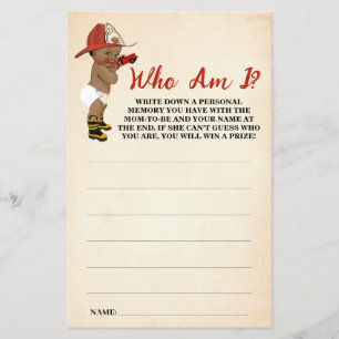Little AA Fireman Who am I Baby Shower Game Card