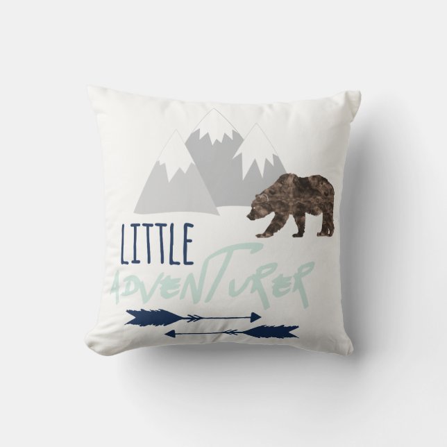 Little Adventurer in Navy Grey and Aqua Mist Throw Pillow (Front)