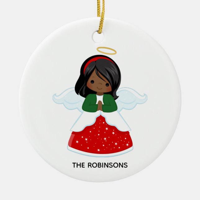 Little African American Girl Christmas Angel Ceramic Ornament (Front)