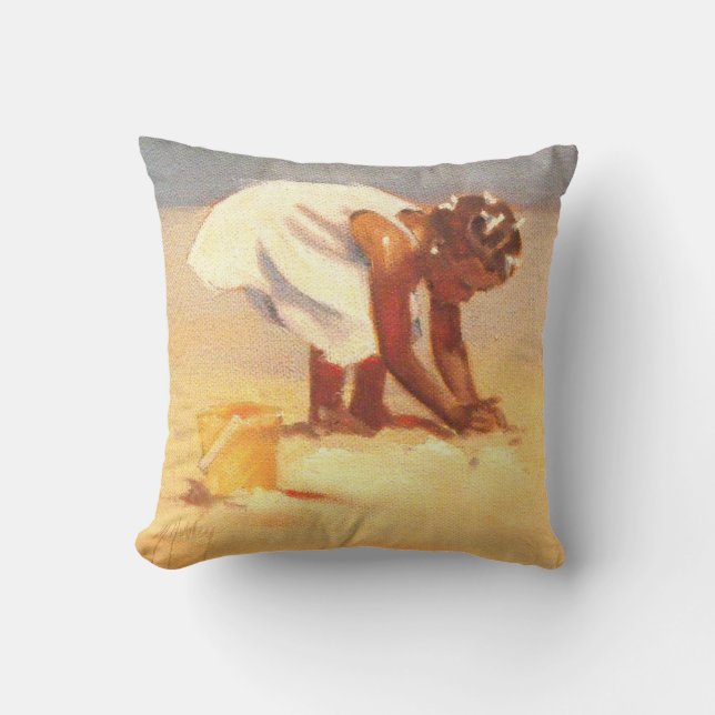 Little African Girl on Beach Throw Pillow (Front)