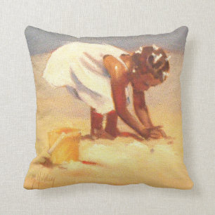 Little African Girl on Beach Throw Pillow