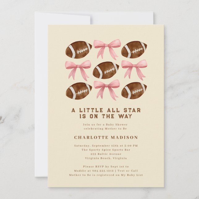 Little All Star Football and Bows Baby Shower  Inv Invitation (Front)