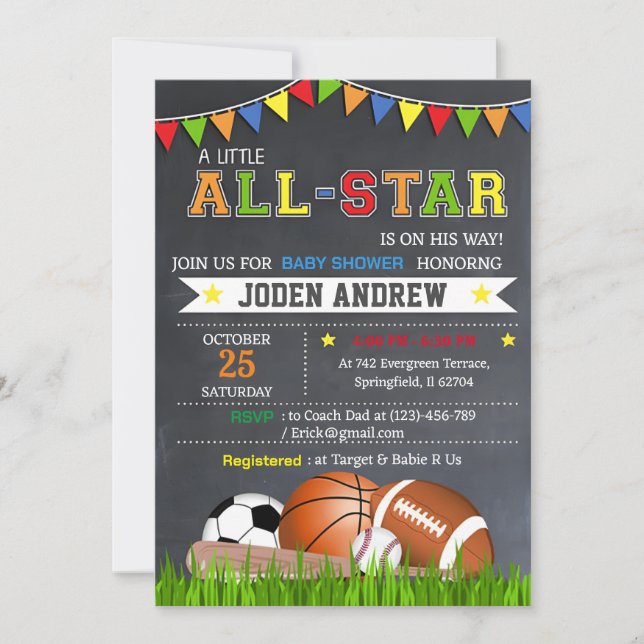 Little All Star Sports Baby Shower Invitation (Front)