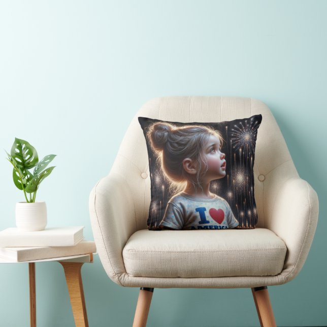 Little American Girl Watching Fireworks Throw Pillow (Chair)
