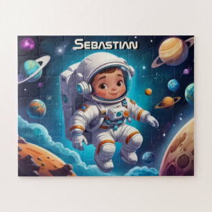 Little Astronaut Boy in Solar System Personalized Jigsaw Puzzle