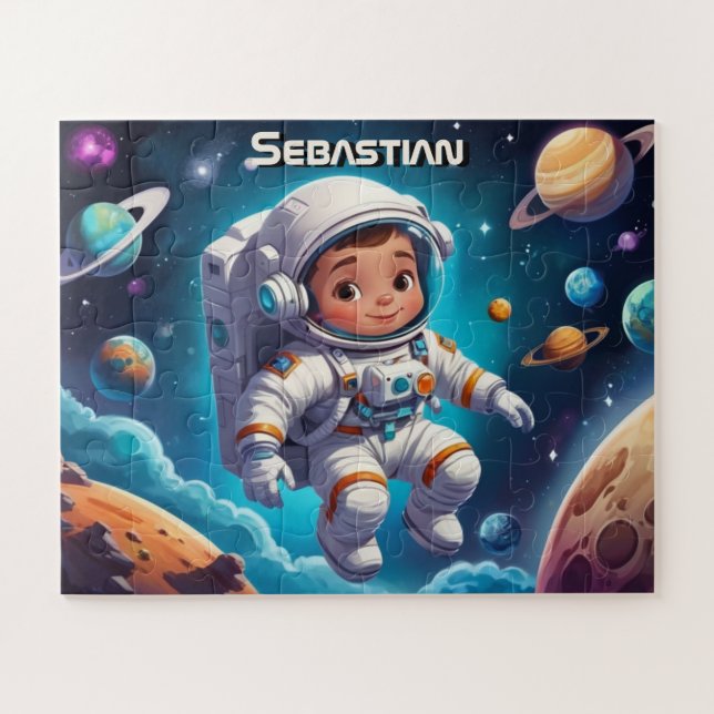 Little Astronaut Boy in Solar System Personalized Jigsaw Puzzle (Horizontal)