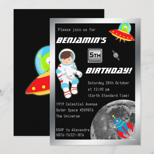 Little Astronaut in Outer Space Birthday Invitation (Front/Back)