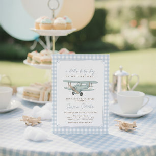 Little Aviator Blue Gingham Boy Baby Shower Invitation
