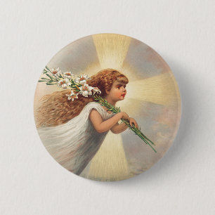 Little baby angel holding lilies 2 inch round button