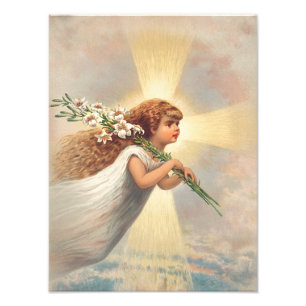 Little baby angel holding lilies photo print