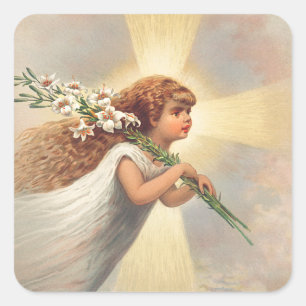 Little baby angel holding lilies square sticker