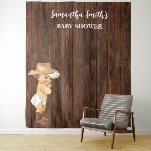 Little Baby Cowboy Western Baby Shower Backdrop Tapestry (In Situ)