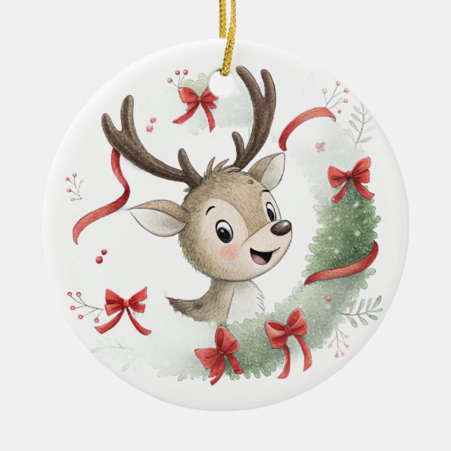 Little Baby Deer Christmas, Cute Fawn  Ceramic Ornament (Front)