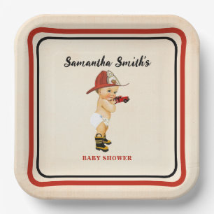 Little Baby Firefighter Baby Shower Cream Red Paper Plate