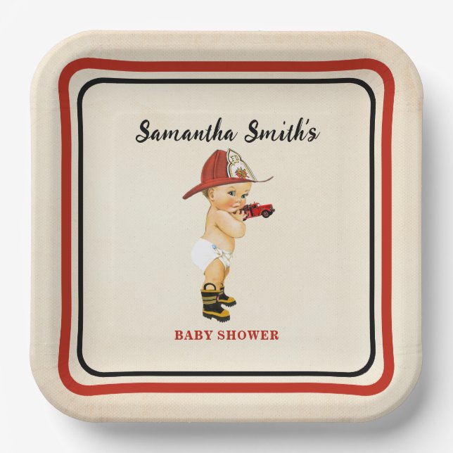Little Baby Firefighter Baby Shower Cream Red Paper Plate (Front)