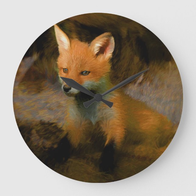 Little Baby Fox Cub Portrait Large Clock (Front)