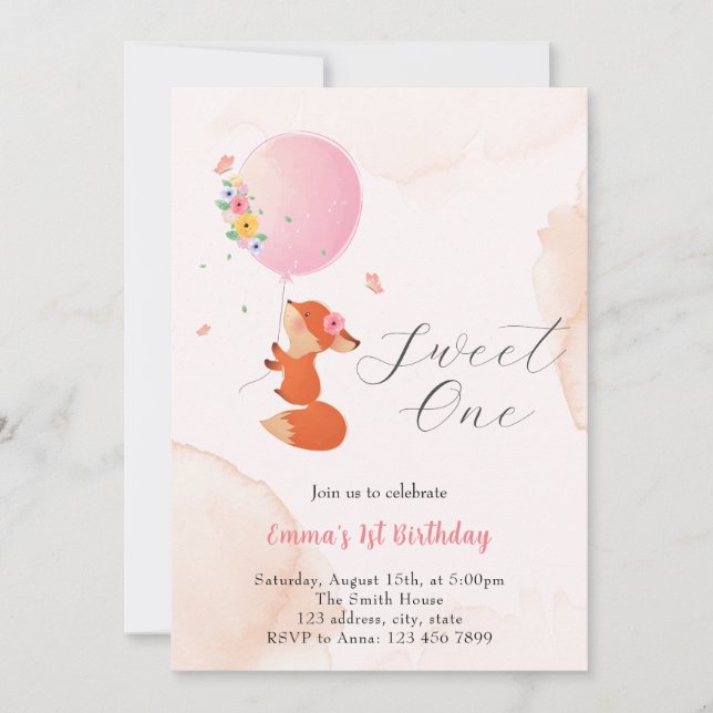 Little baby fox flying with balloon invitation (Front)