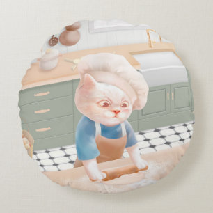 Little Baker Cat: Cozy Morning Kneading Art Round Pillow