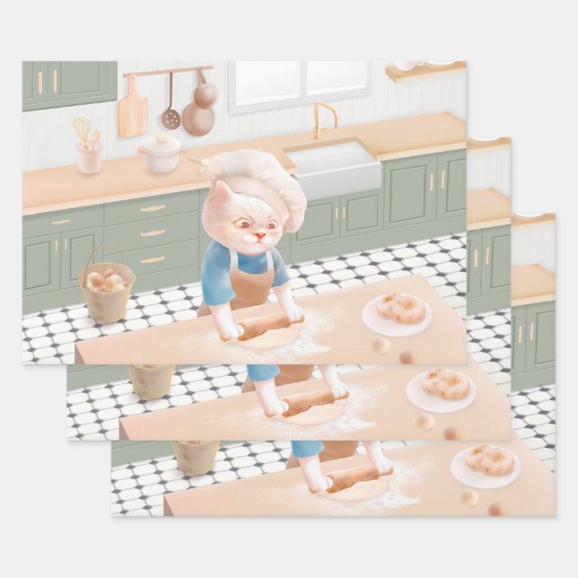 Little Baker Cat: Cozy Morning Kneading Art Wrapping Paper Sheet (Set)