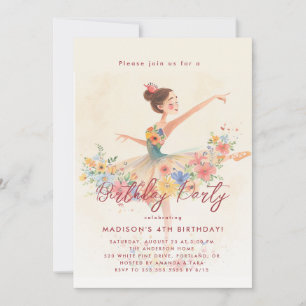 Little Ballerina and floral Birthday Party Invitation