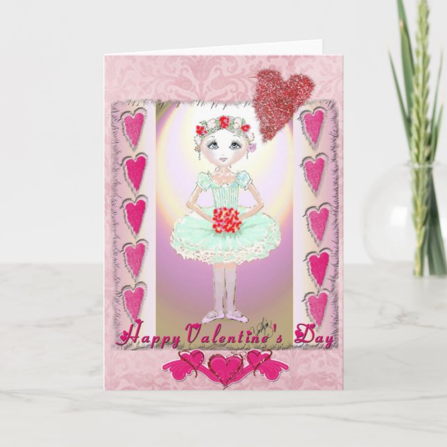 Little Ballerina in Green Tutu with Hearts Holiday Card (Front)