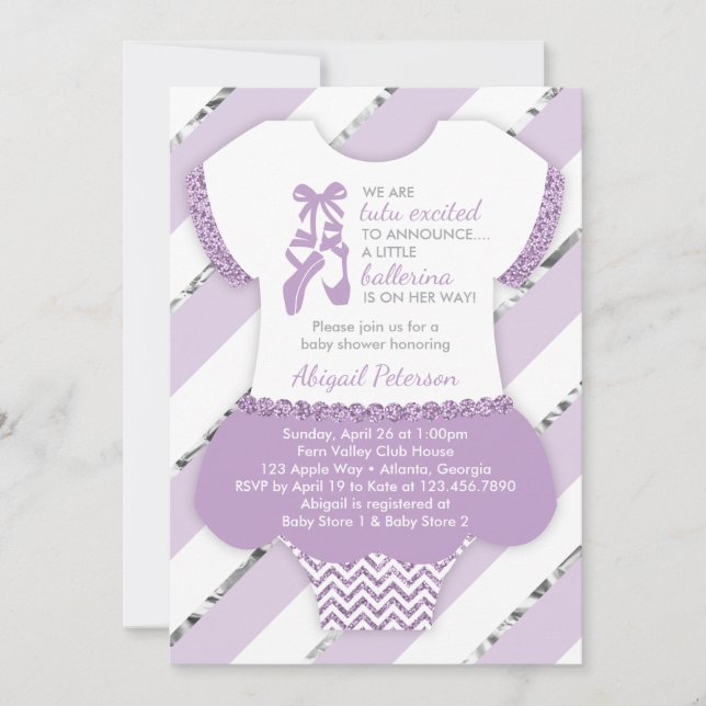 Little Ballerina Shower Invite, Tutu, Faux Glitter Invitation (Front)