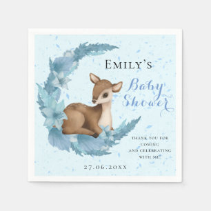 Little Bambi & Half-moon Flowers Blue Baby Shower Napkin