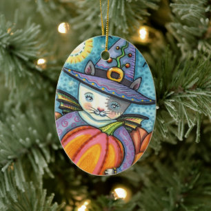 LITTLE BAT CAT KITTEN, CUTE & COLORFUL HALLOWEEN CERAMIC ORNAMENT