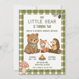 Little Bear Animals Green Gingham Birthday  Invitation