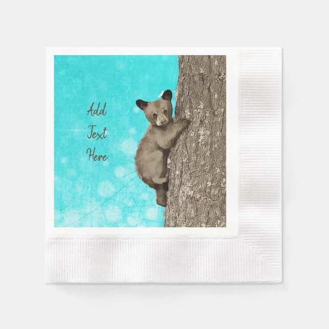 Little Bear Cub Climbing Tree Party Napkin (Front)