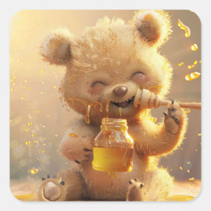 Little bear eating honey square sticker