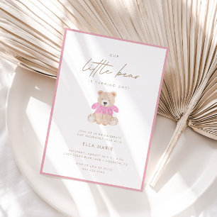 Little Bear – Modern Pink Floral Girl 1st Birthday Invitation