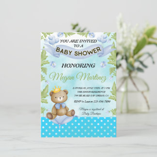 little bear prince blue Flower boy baby shower Invitation