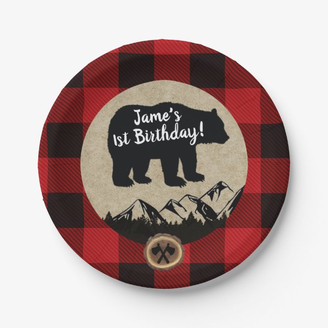 Little Bear Wild One Flannel Lumberjack Birthday Paper Plate (Front)
