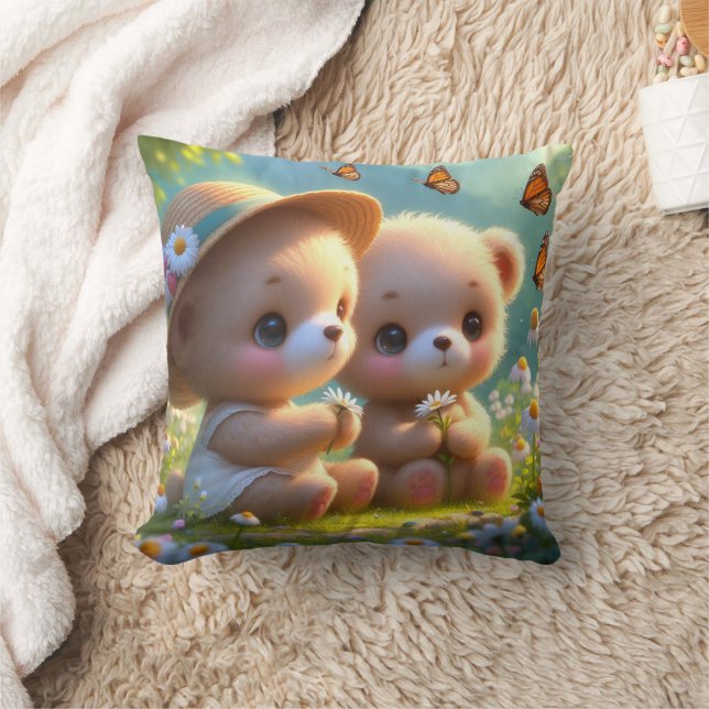 Little Bears Daisies 1 Throw Pillow (Blanket)