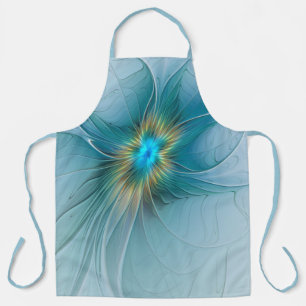 Little Beauty Modern Blue Gold Fractal Art Flower Apron