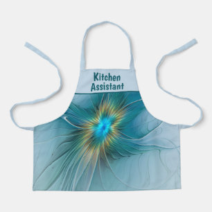 Little Beauty Modern Blue Gold Fractal Art Flower Apron