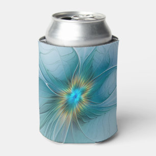 Little Beauty Modern Blue Gold Fractal Art Flower Can Cooler