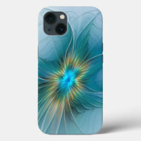 Little Beauty Modern Blue Gold Fractal Art Flower