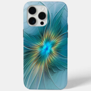 Little Beauty Modern Blue Gold Fractal Art Flower iPhone 15 Pro Max Case