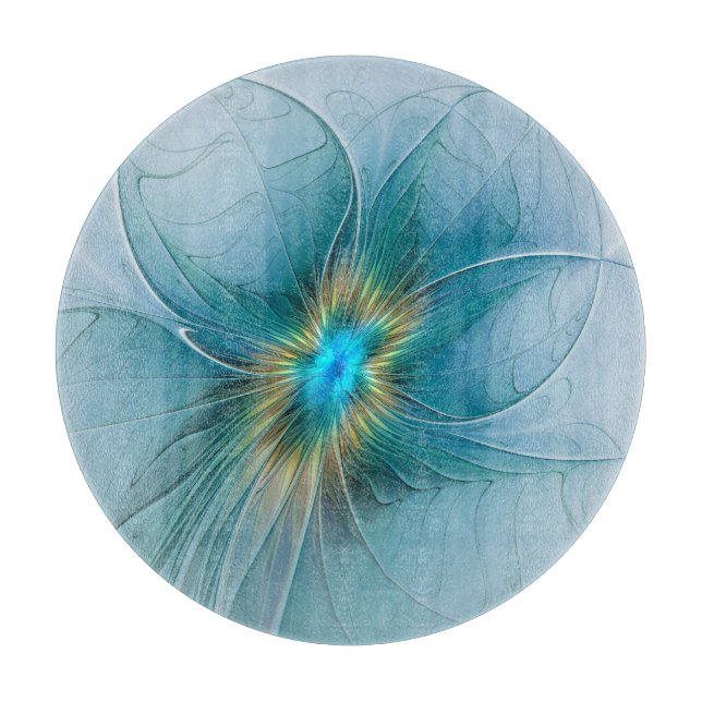 Little Beauty Modern Blue Gold Fractal Art Flower Cutting Board (Front)