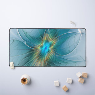 Little Beauty Modern Blue Gold Fractal Art Flower Desk Mat