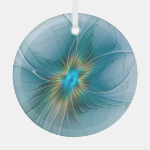 Little Beauty Modern Blue Gold Fractal Art Flower Glass Ornament