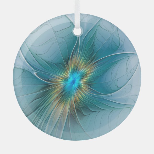 Little Beauty Modern Blue Gold Fractal Art Flower Glass Ornament (Front)