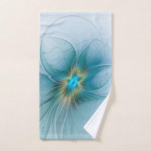 Little Beauty Modern Blue Gold Fractal Art Flower Hand Towel