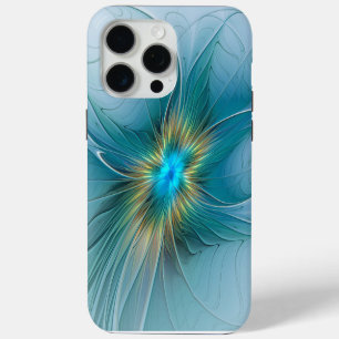 Little Beauty Modern Blue Gold Fractal Art Flower iPhone 15 Pro Max Case