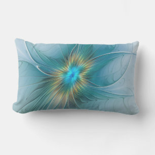 Little Beauty Modern Blue Gold Fractal Art Flower Lumbar Pillow