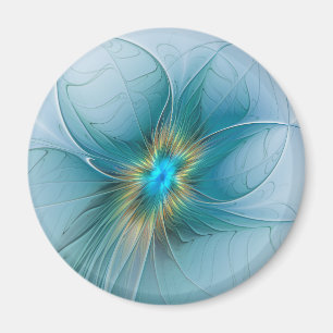 Little Beauty Modern Blue Gold Fractal Art Flower Magnet