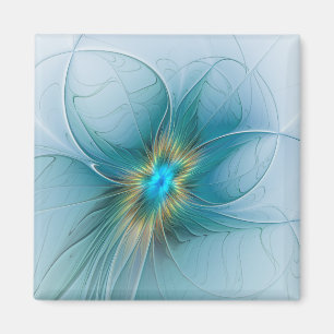 Little Beauty Modern Blue Gold Fractal Art Flower Magnet