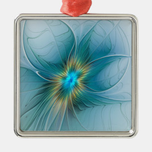 Little Beauty Modern Blue Gold Fractal Art Flower Metal Ornament
